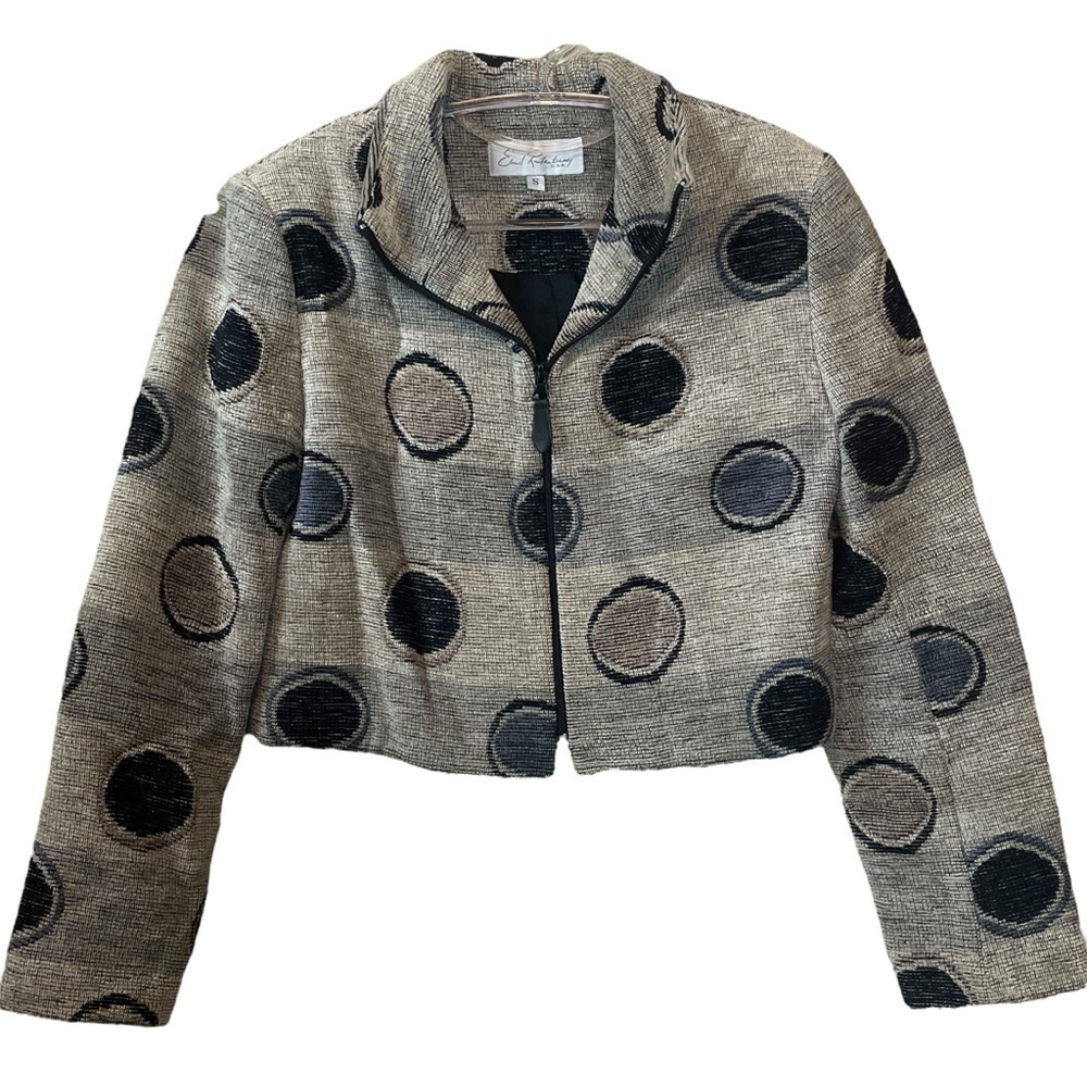 Emil Rutenberg Cropped Polka Dot Circle Striped Zip Jacket Beige Gray Size Small